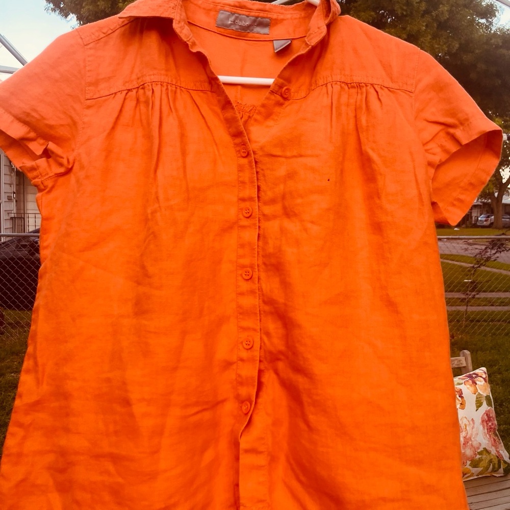 Bright Orange Button-Down Linen Short Sleeve Shirt